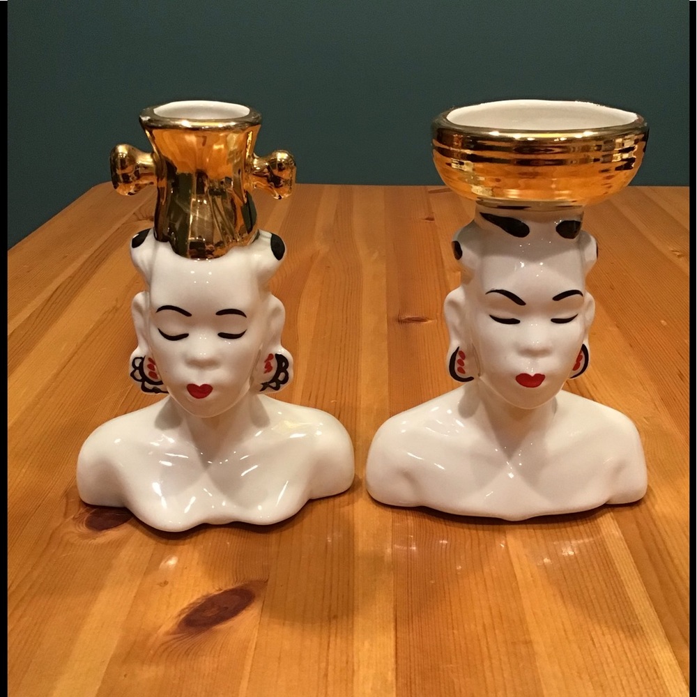 VINTAGE JOAN LEA LADY HEAD VASE AFRICAN WOMEN WHITE GLAZE LOT OF 2